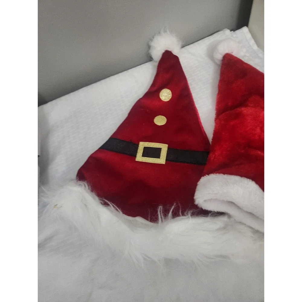 Set of 2 Christmas Santa Hats Red Plush Faux Fur Holiday Party Costume Accessory